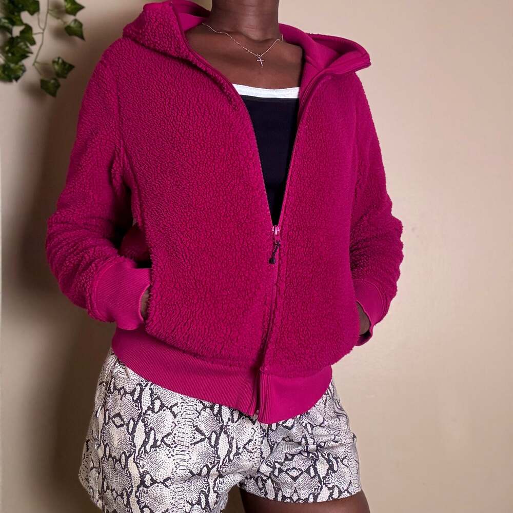 Pink Fluffy Fleece Jacket With Hoodie